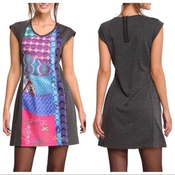 Desigual Serai Dress Patchwork Cap Sleeves Size Medium Gray - Picture 1 of 7
